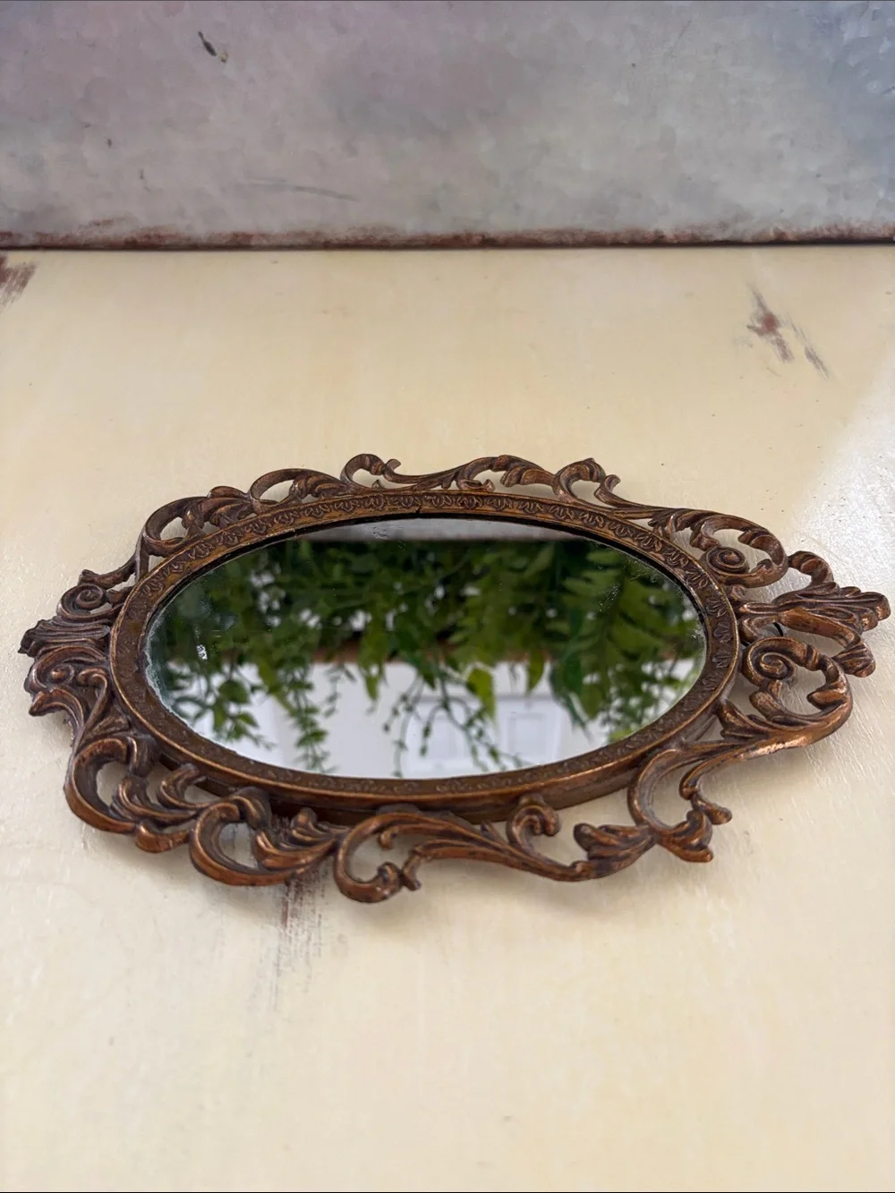 Vintage Antique Italian framed “Action”Oval Mirror Metal Filigree Wall Hanging